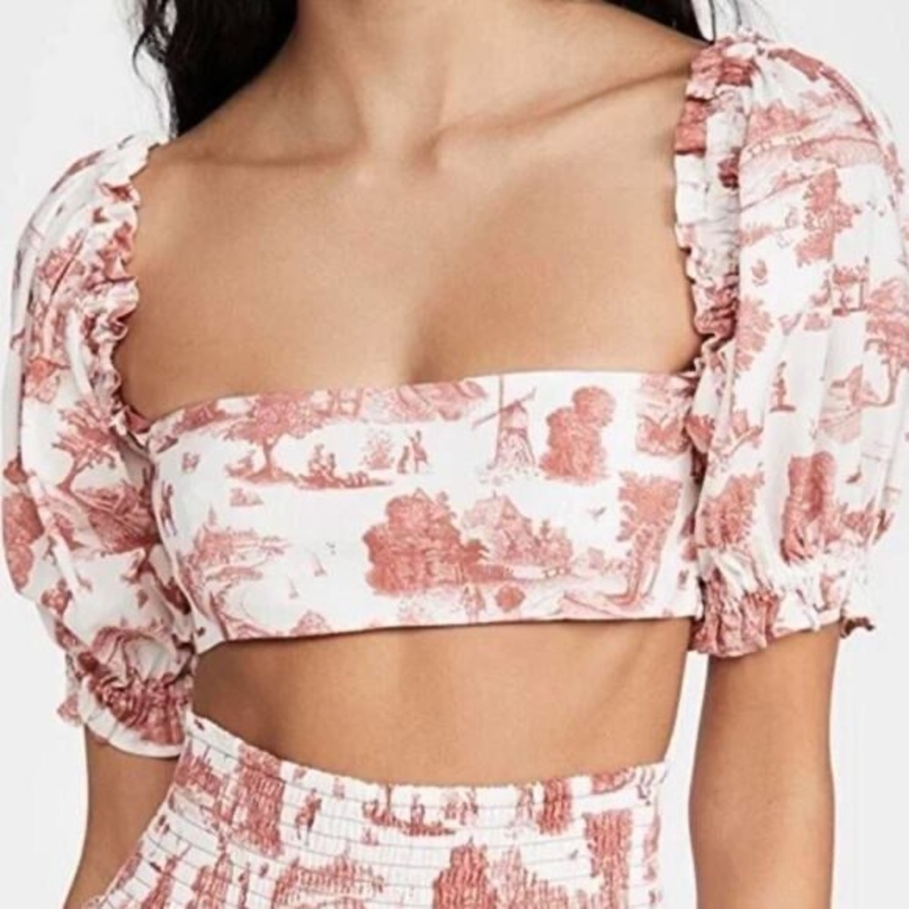 WeWoreWhat Toile Puff Sleeve Crop Top Orange White Smocked Cottagecore M c5